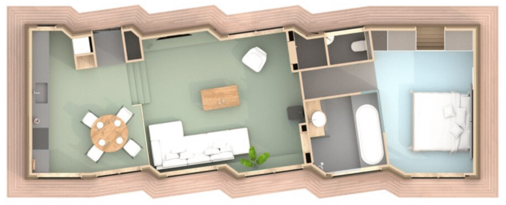 Plan of a floating house with jagged facades, undulating floorplan, conversation pit