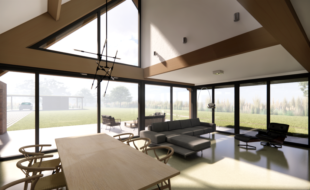 barnhouse interior with wooden frames, schuurwoning met houten balken in interieur