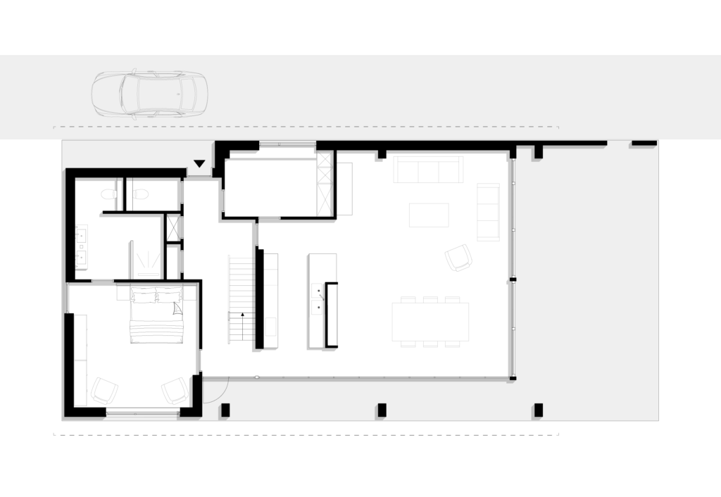 ground floor plan, villa, half open kitchen, barnhouse
schuurwoning plattegrond