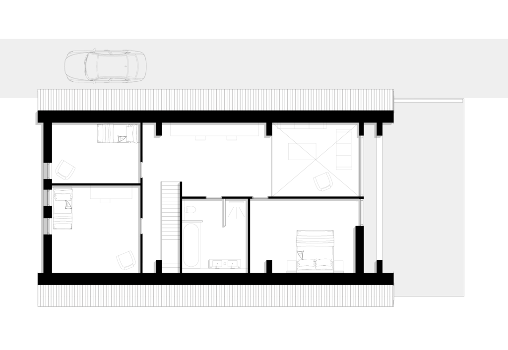 ground floor plan, villa, half open kitchen
schuurwoning plattegrond