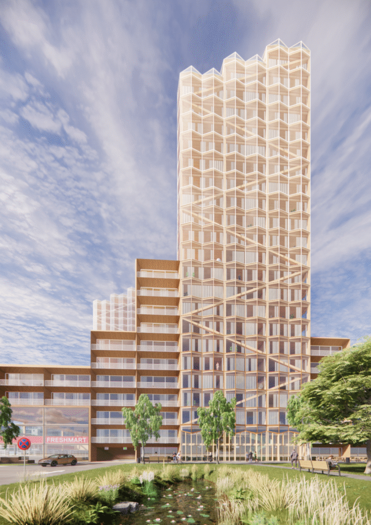 elevation render of a mass timber tower in a vertical neighborhood
