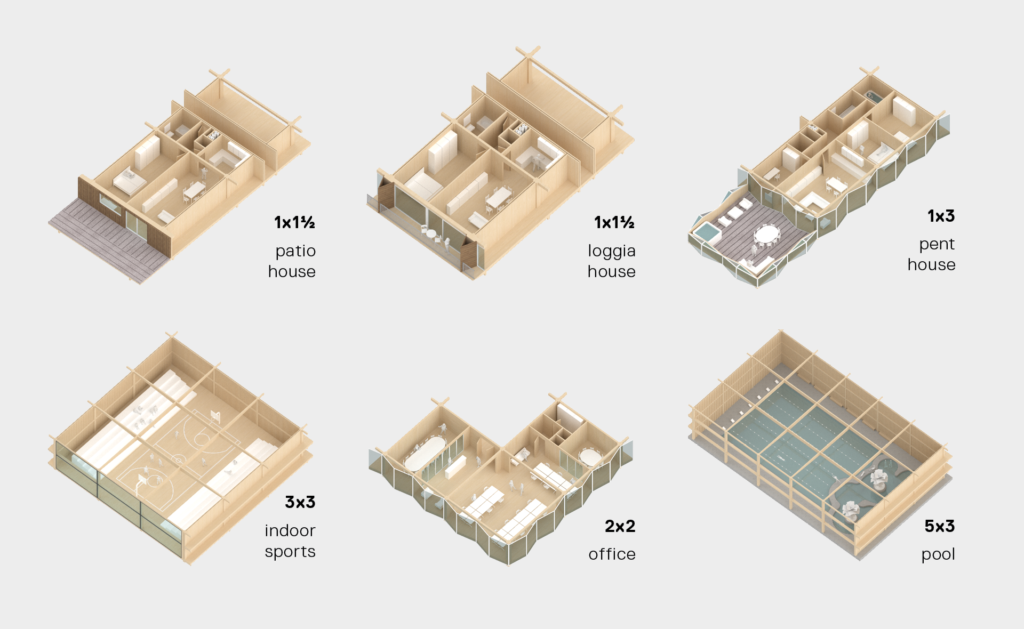 isometric drawing of building parts of a mass timber tower