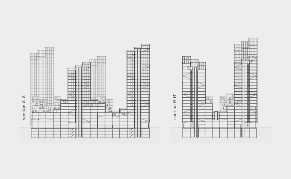 sections of a mass timber vertical neighborhood