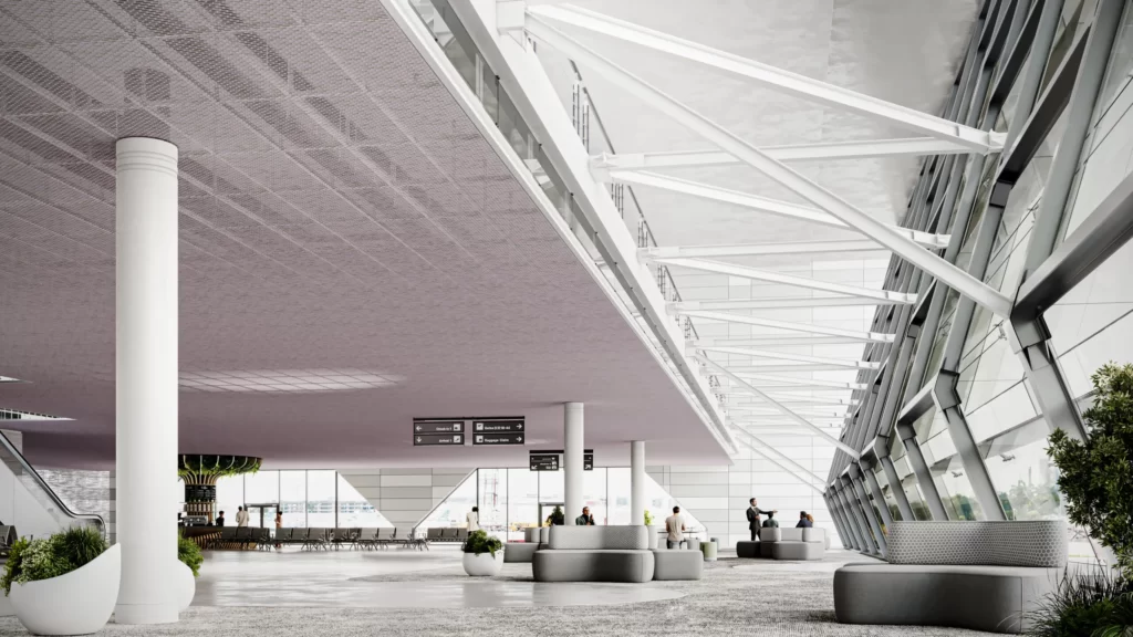 3d knitted architectural ceiling panels with intricate patterns, in an airport setting