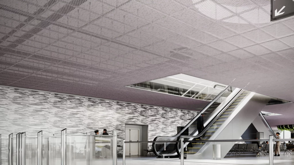 3d knitted architectural ceiling panels with intricate patterns, in an airport setting