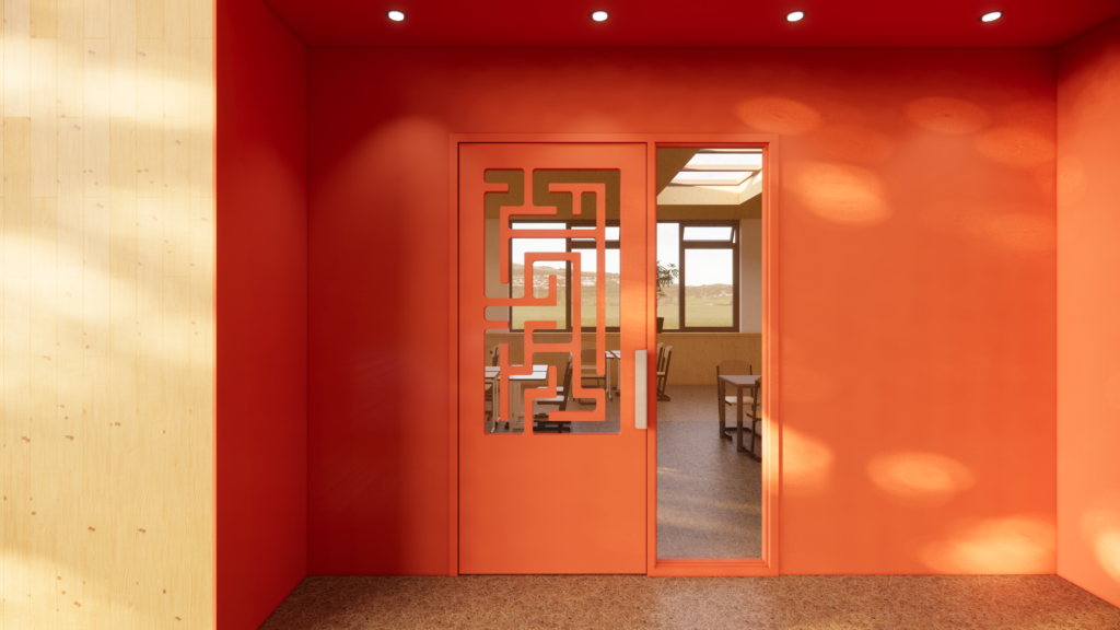 design door, maze pattern, playful design
